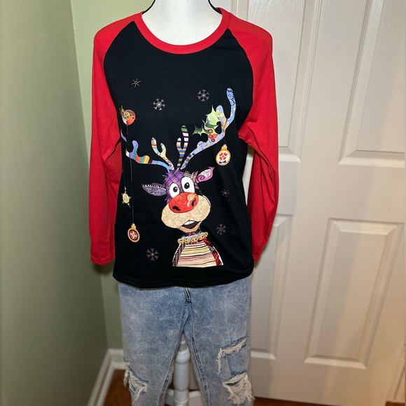 Raglan Red Sleeve Funny Reindeer Graphic Print Crew Neck T-shirt🦌 - Picture 5 of 11